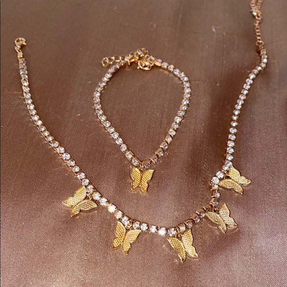 Jewelry - Gold butterfly rhinestone choker and anklet
